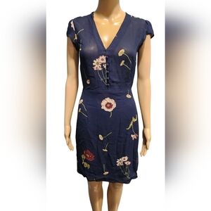 Reformation Navy Blue Floral V-Neck Cap Sleeve Dress